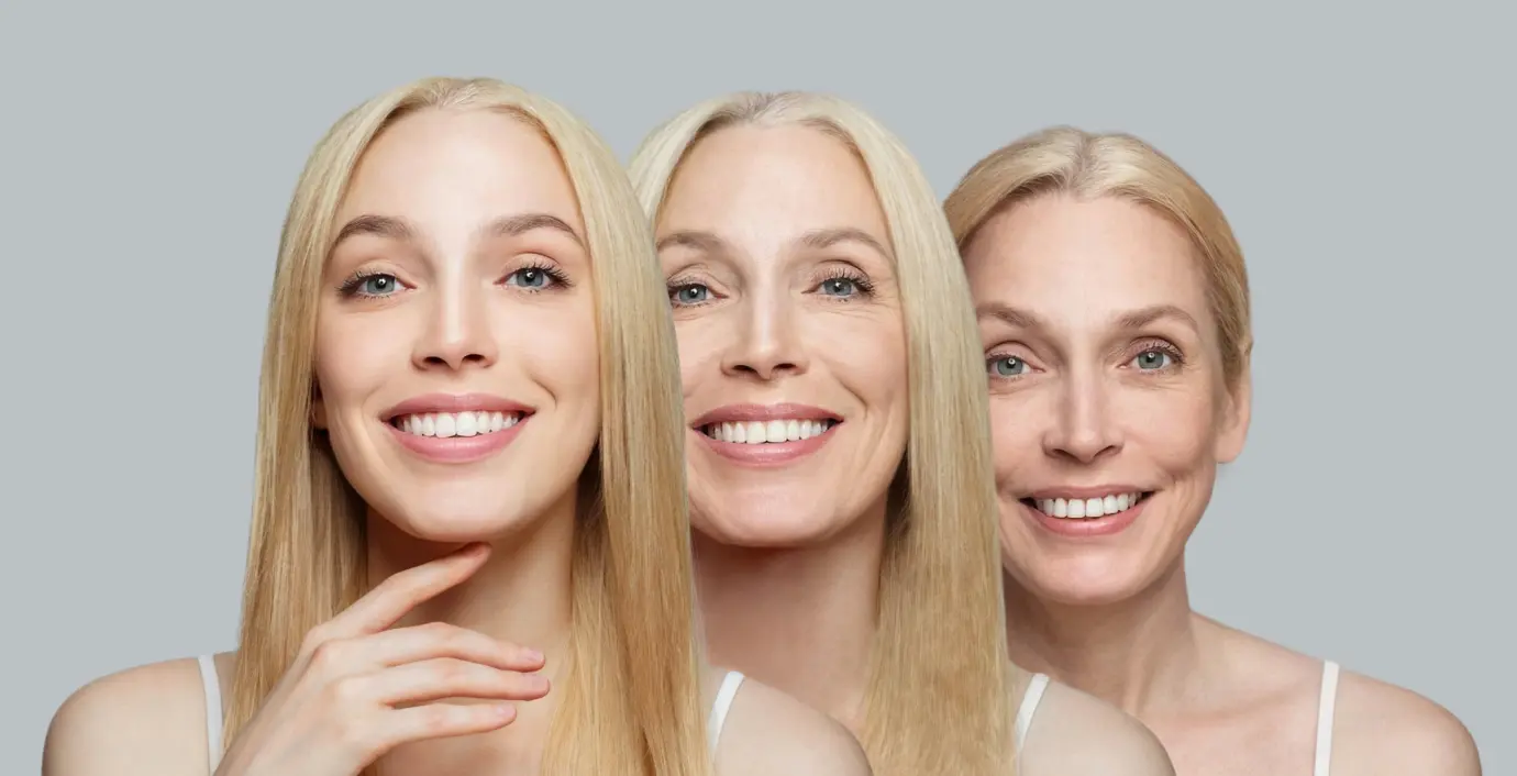 Three women smiling showing progressive aging, side by side