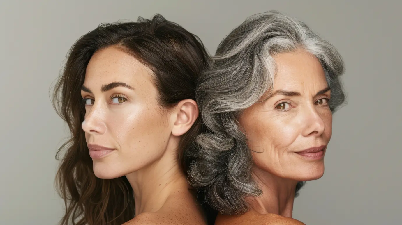 Two women, one younger, the other older, standing back to back